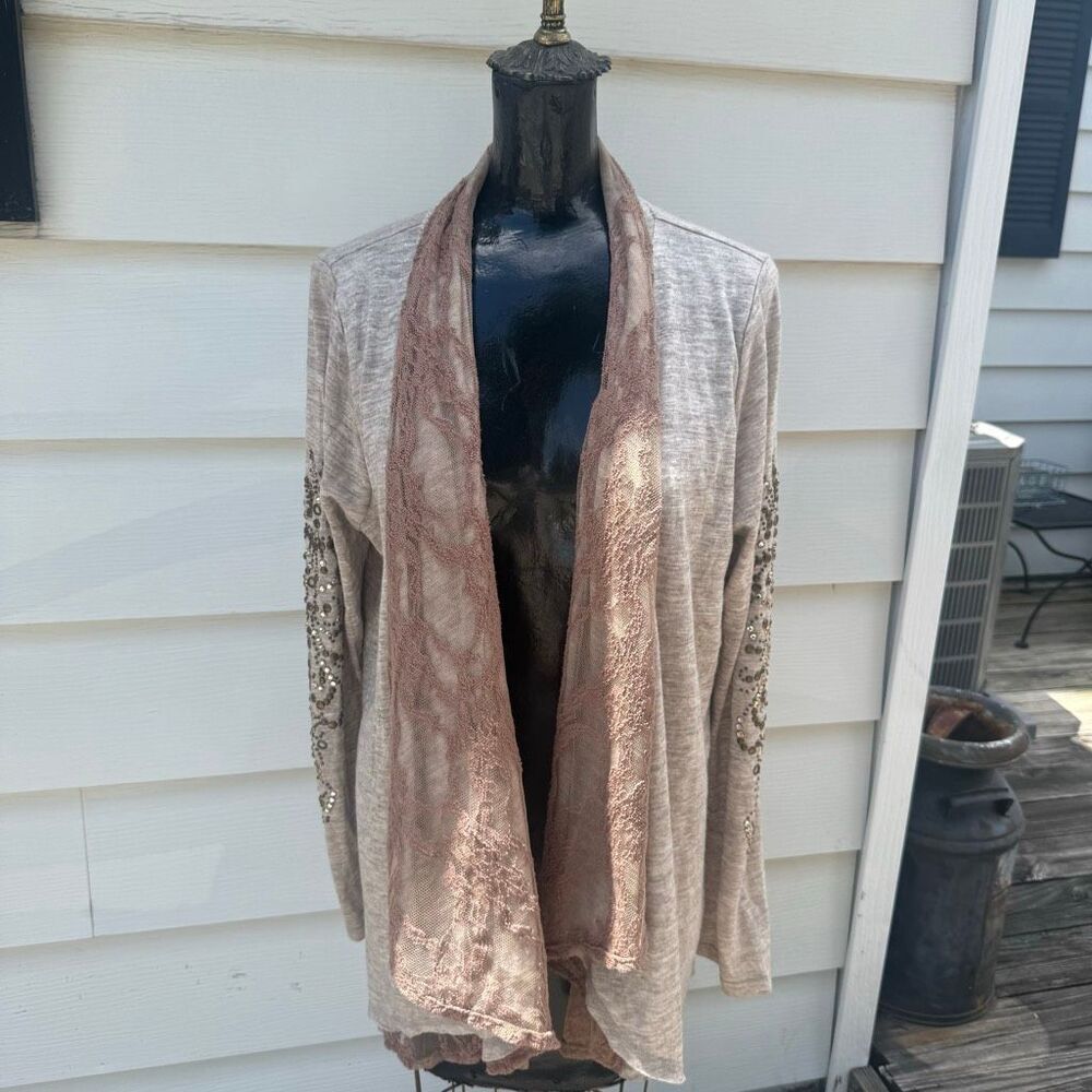Miss Me Embellished Lace Trim Open Front Cardigan Sweater